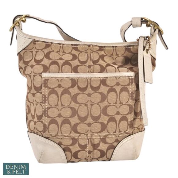 Coach Signature Canvas White Leather Trim Crossbody Shoulder Bag Lilac Lining - Picture 3 of 15
